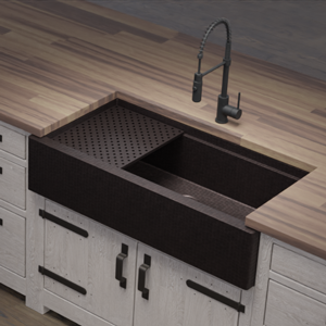 Copper workstation sinks pair well with wood counter tops as a nice combination of countertops and sinks for kitchens.