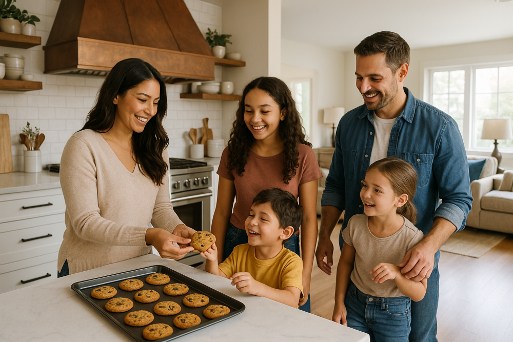 A family of five smiles around a kitchen island with cookies, under a copper range hood.