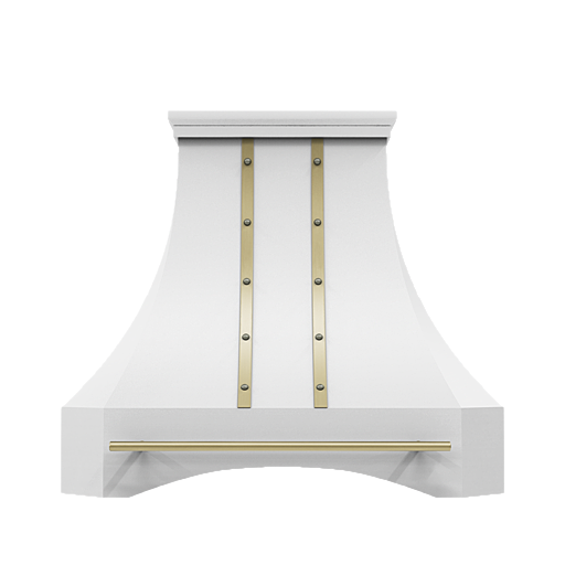 A high-quality white and gold range hood sold online from CopperSmith