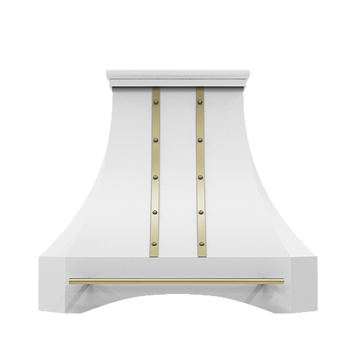 A high-quality white and gold range hood sold online from CopperSmith