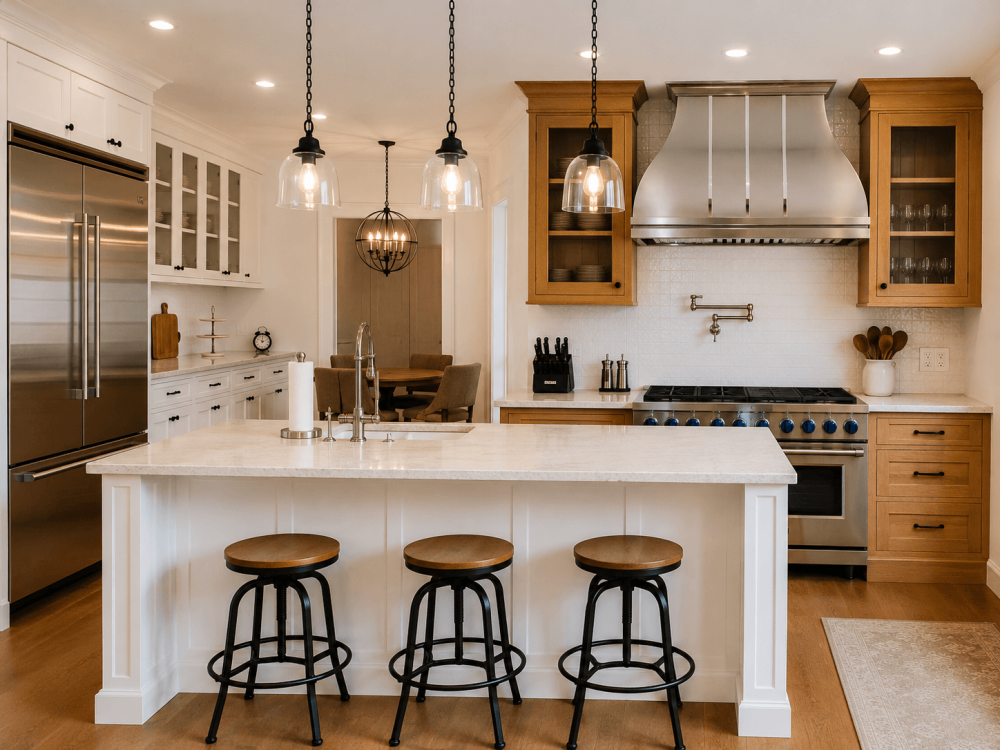 Modern farmhouse kitchen with custom stainless steel range hood in Camarillo, California