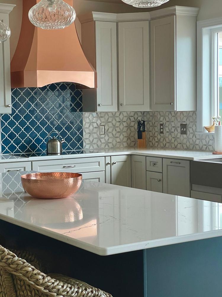 blue and copper kitchen