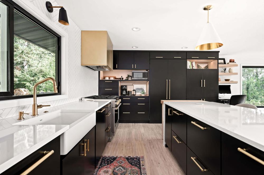 Only painting the cabinets black can make a big statement in a black and white kitchen.