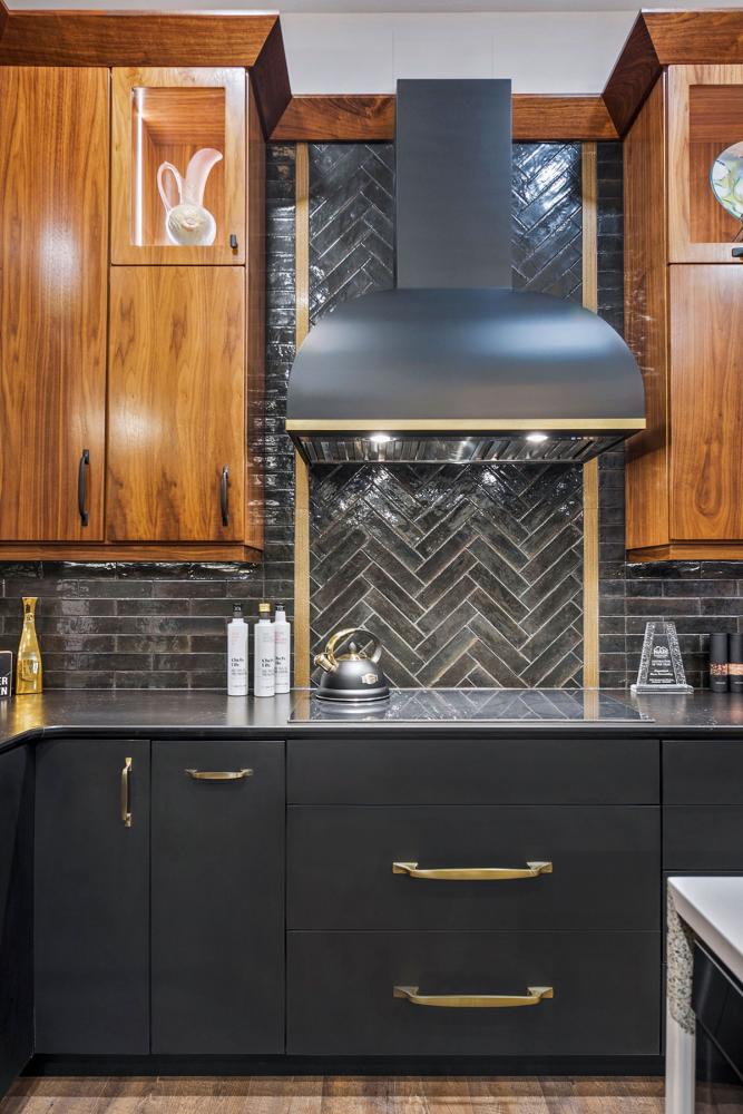 wood and black tile kitchen