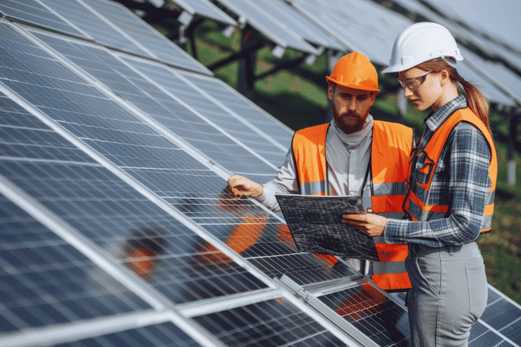 Engineers inspecting solar panels at a photovoltaic installation site.