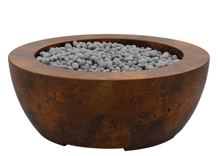 Modern fire pit design using stone media and steel finish.