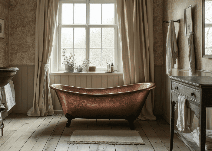Vintage-style bathroom featuring a copper freestanding bathtub by a large window.