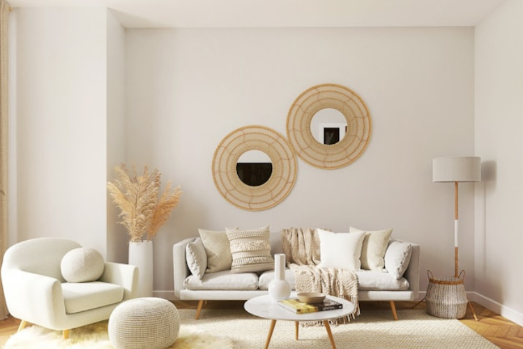 Minimalist living room with neutral furniture, woven wall mirrors, and natural decor.