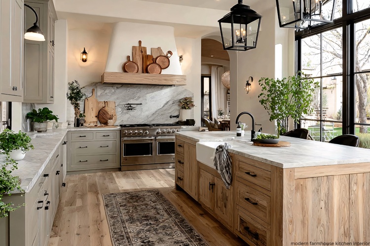 Modern farmhouse kitchen with marble countertops, wood cabinetry, and a large center island.