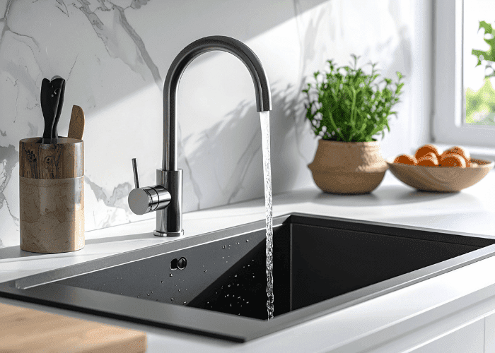 Modern black kitchen sink with running water, minimalist faucet, and natural countertop decor.