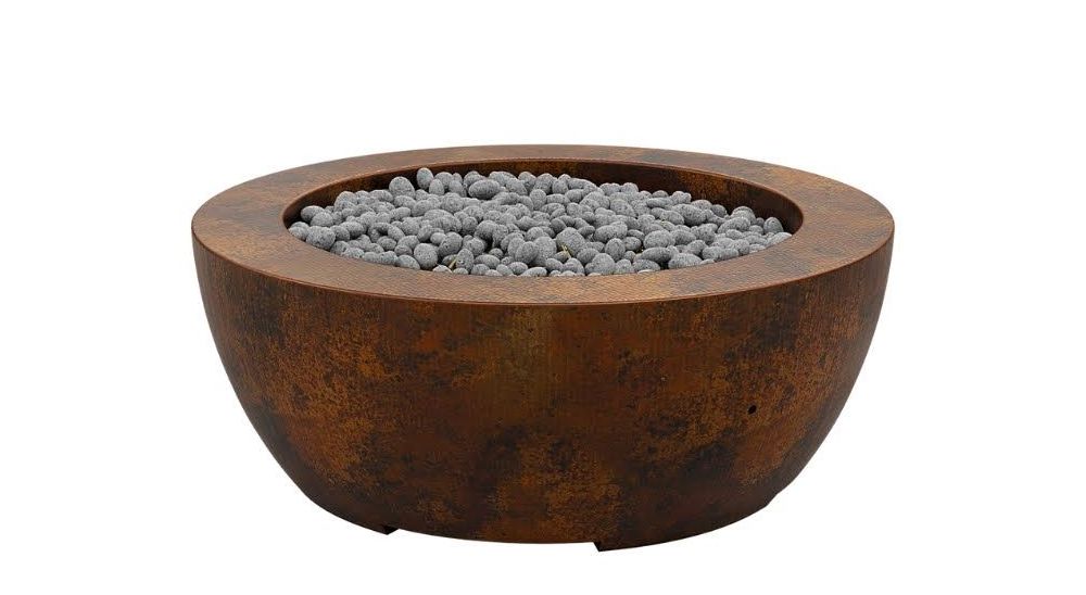 Modern fire pit design using stone media and steel finish.