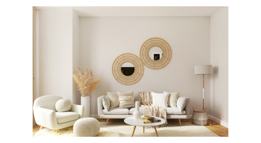 Minimalist living room with neutral furniture, woven wall mirrors, and natural decor.