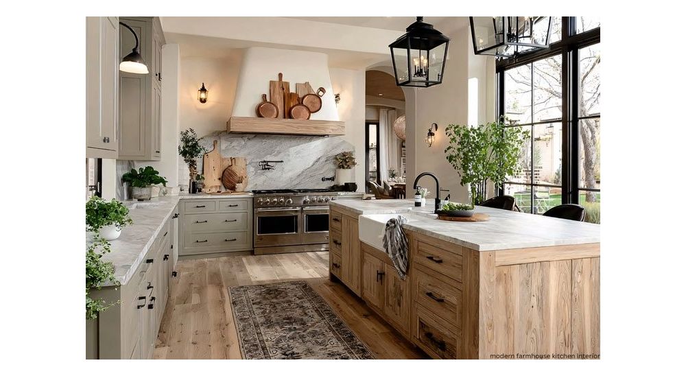 Modern farmhouse kitchen with marble countertops, wood cabinetry, and a large center island.