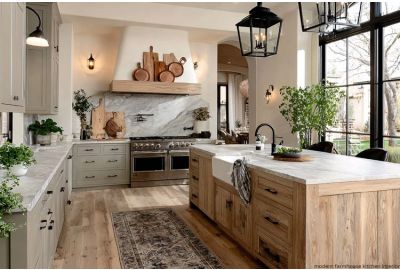 Modern farmhouse kitchen with marble countertops, wood cabinetry, and a large center island.
