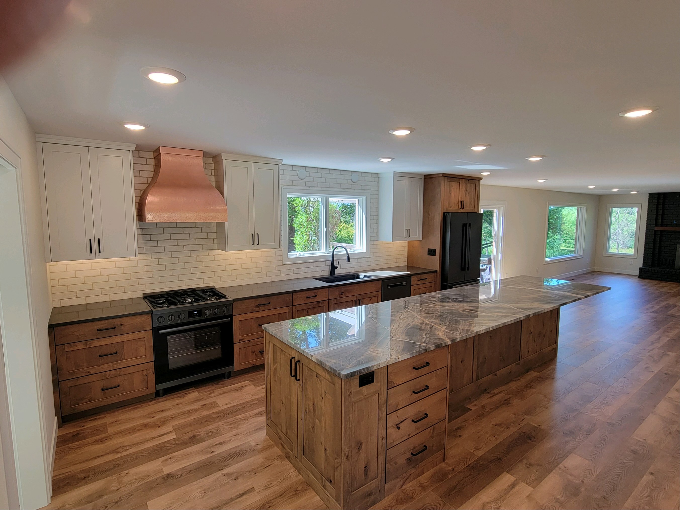 Unique range hood options, kitchen design idea, including craftsman kitchen concepts,white kitchen cabinets, marble kitchen countertops, rustic brick backsplash
