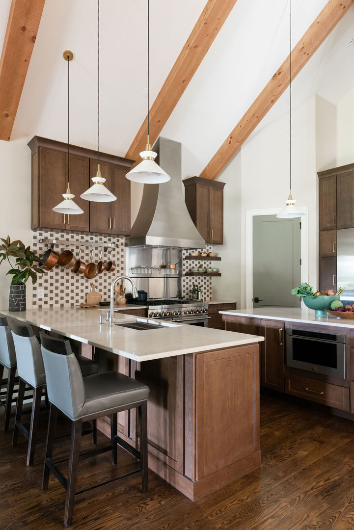 Kitchen design idea, featuring kitchen sink options, charming cottage-inspired kitchens, elegant brown cabinets, marble countertops, and marble backsplashes