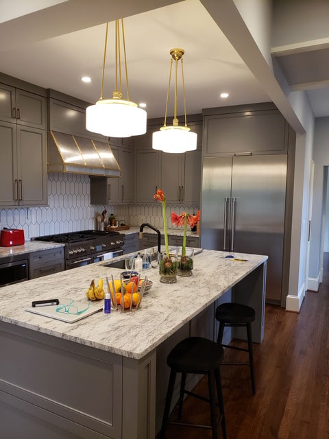 Kitchen remodeling inspiration with table idea, sleek grey kitchen cabinets, marble kitchen countertops, marble backsplash