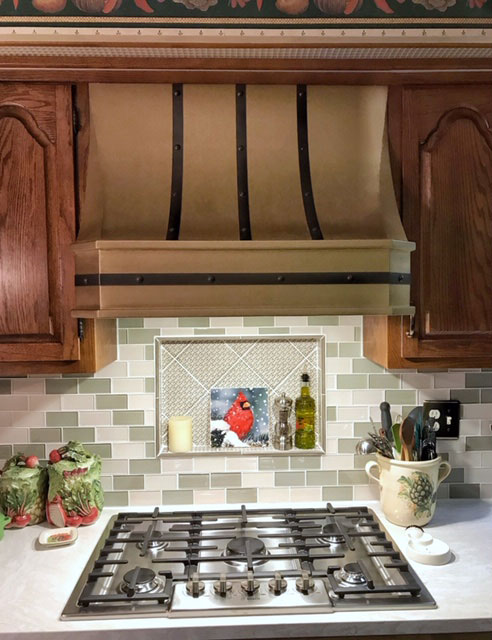 Tuscan kitchen range hood beautiful wood kitchen cabinets, quartz kitchen countertops, charming brick backsplash