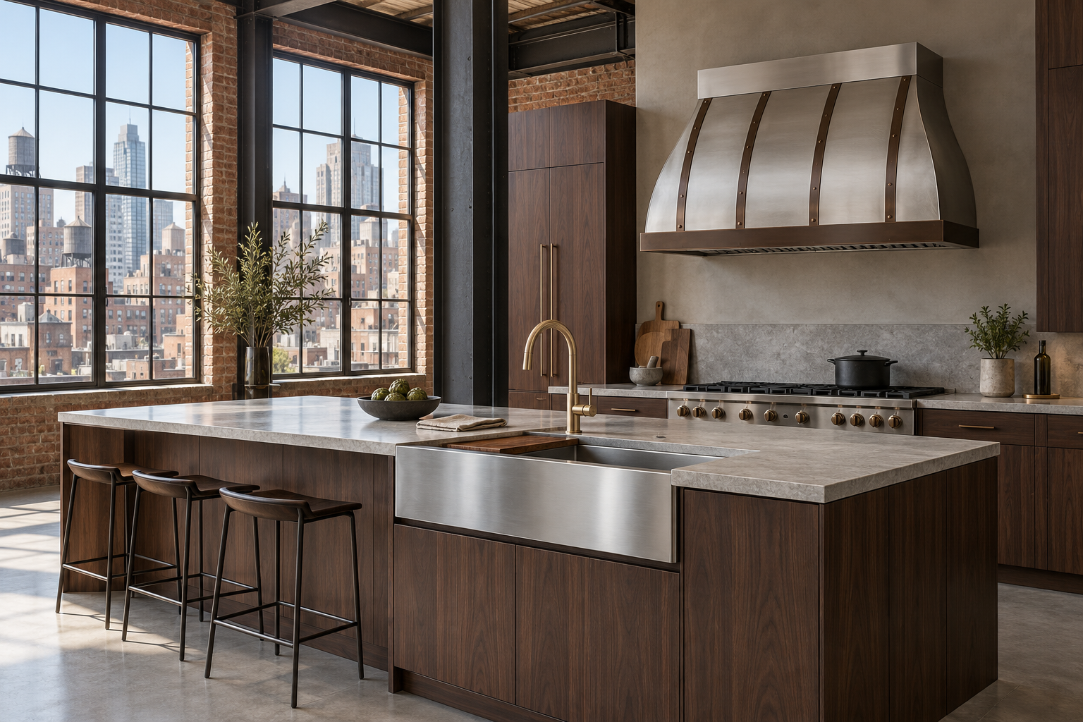 Industrial loft kitchen with brushed stainless steel hood, bronze-toned straps, stainless apron-front sink, and walnut cabinetry