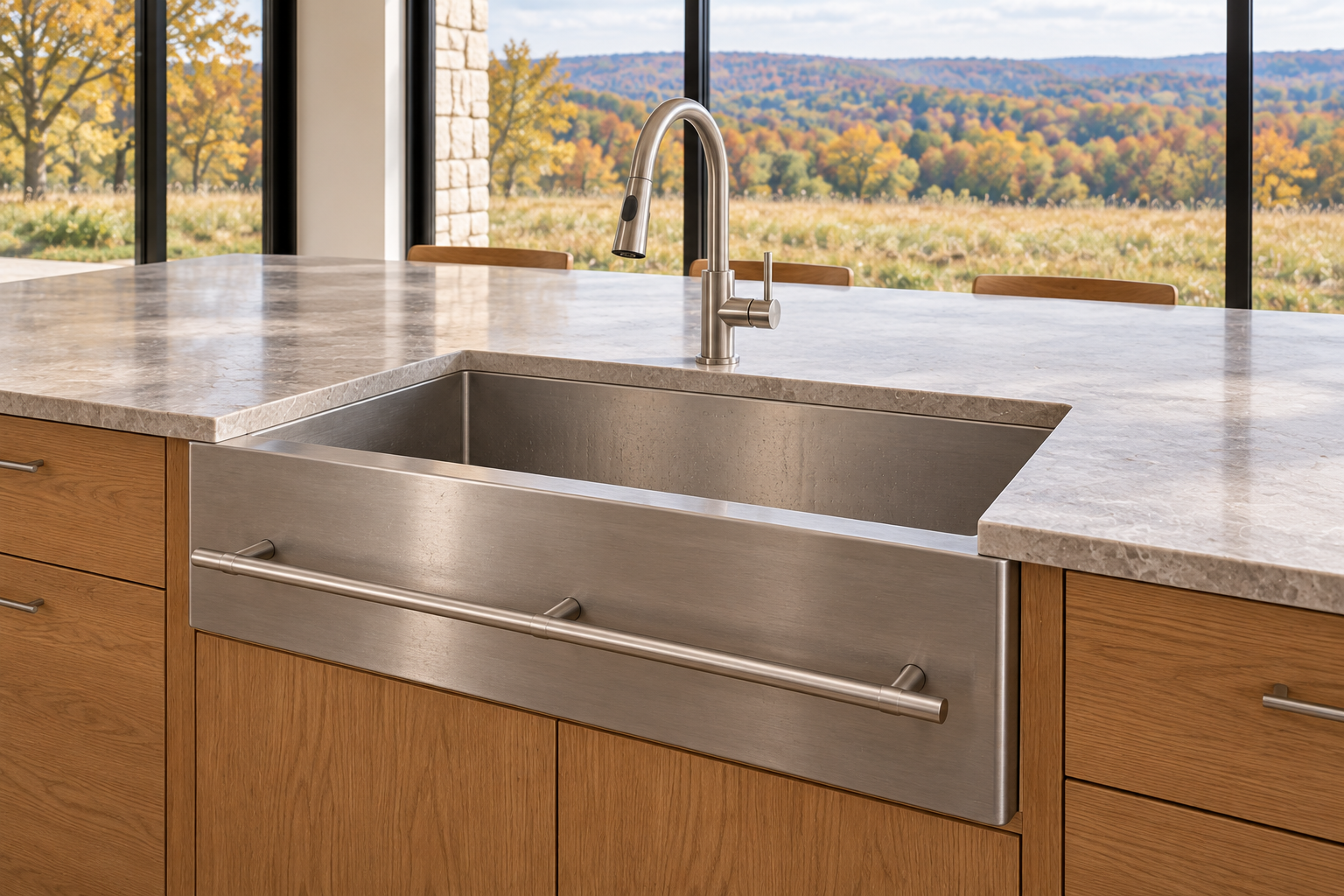 Brushed stainless apron-front sink beneath a stone cutout, with a matching silver towel bar and oak cabinetry.
