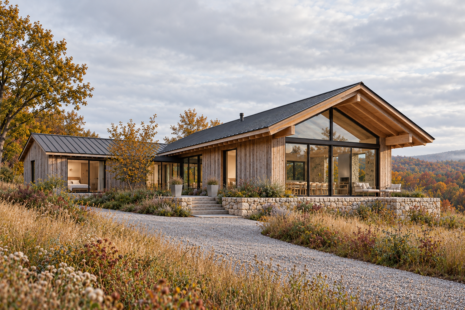 Timber hillside home with glazed gables, fieldstone terraces and two tapered stainless entrance planters.