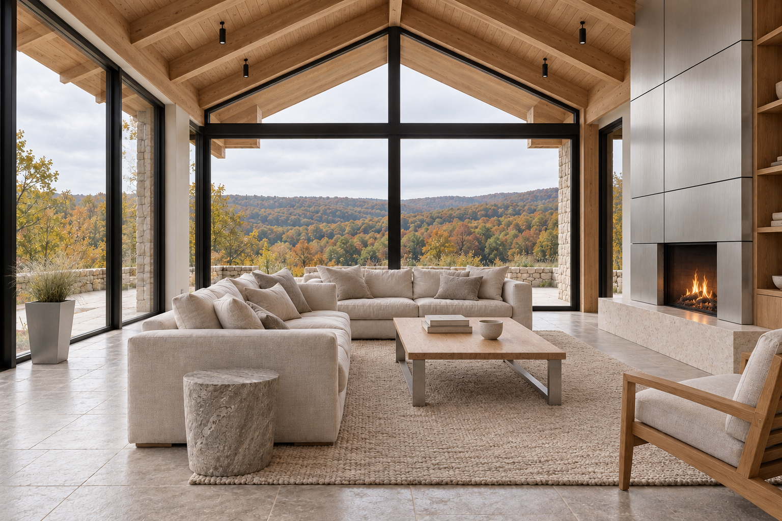 Four-season porch with a paneled stainless fireplace surround, oak coffee table, linen seating and tapered metal planter.