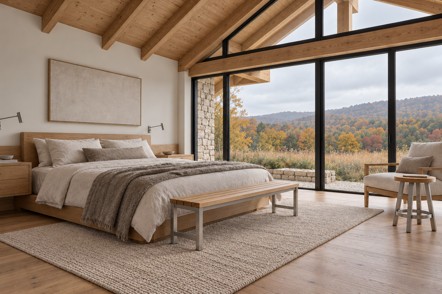 Oak and linen bedroom with a slatted wood bench on stainless frames and a round oak-seat metal stool.