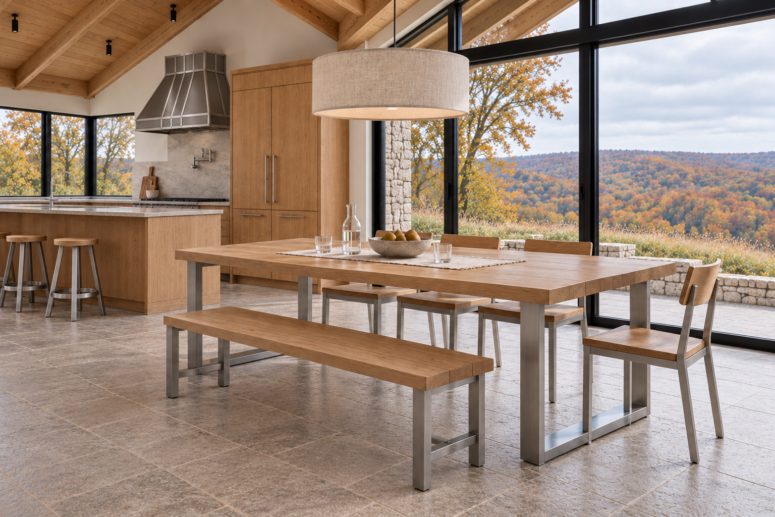 Natural oak dining table and slatted bench on stainless frames beside meadow-facing glass.