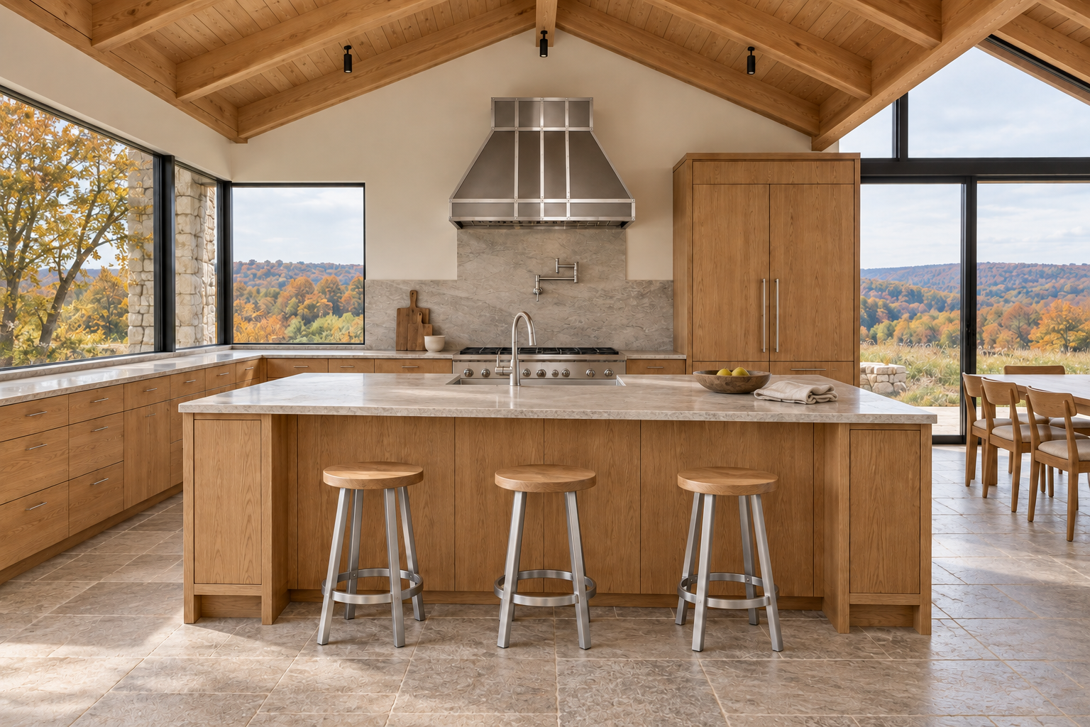 Stainless range hood above an oak kitchen, with round oak-seat stools on the dry side of a stone-topped island.