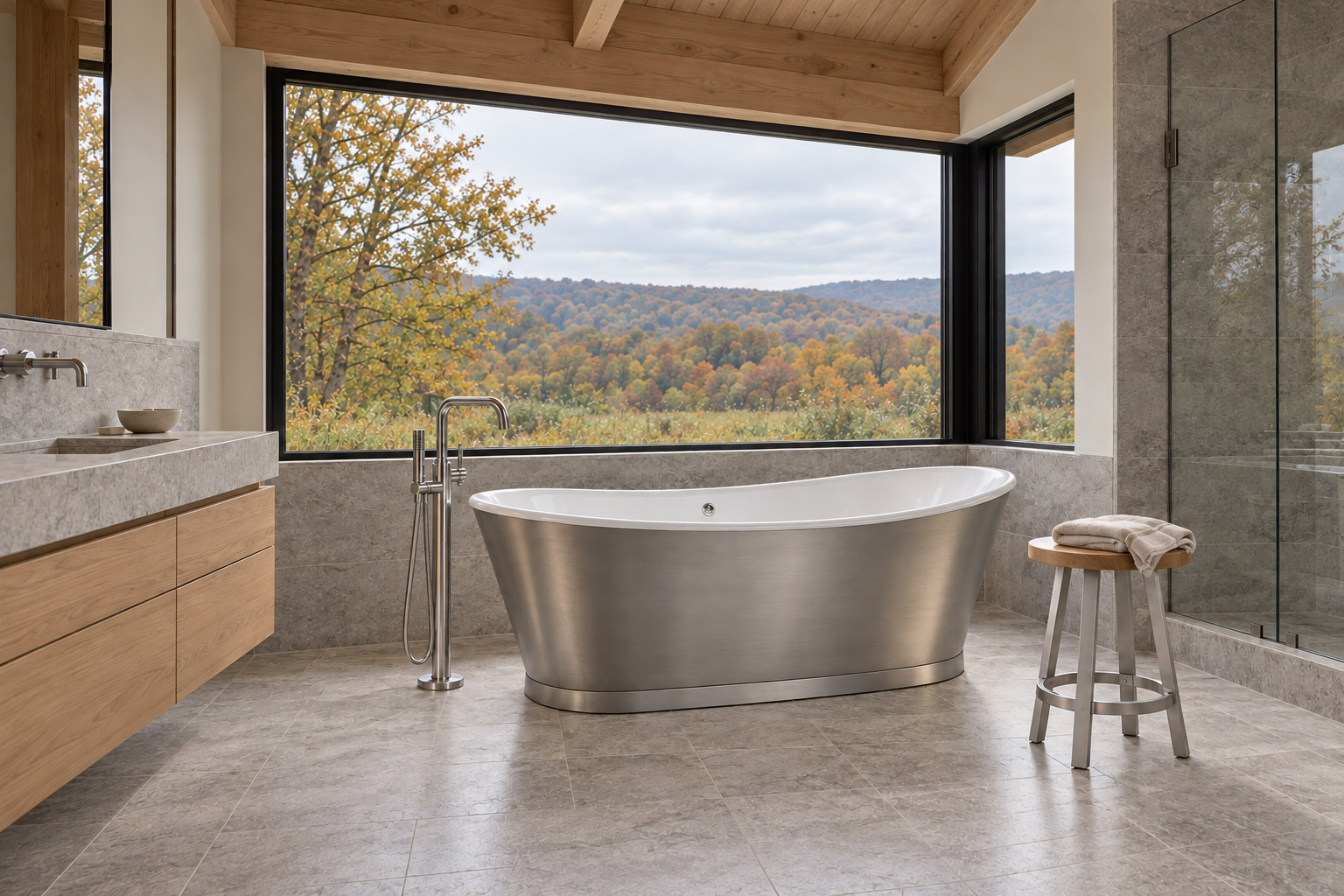 Oval bath with a brushed stainless exterior and white interior beside an oak vanity and round wood-seat stool.