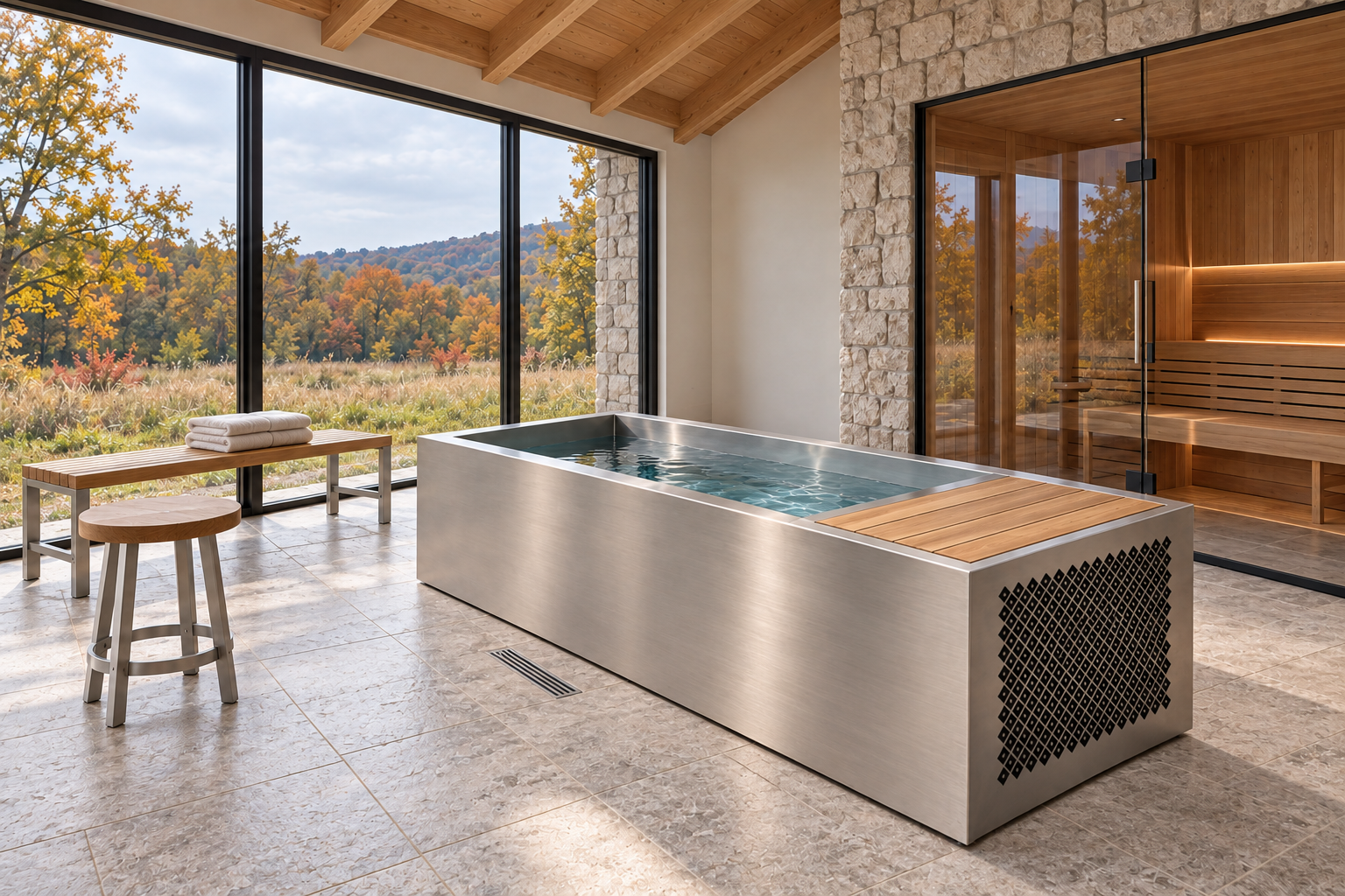 Stainless cold plunge with an integrated wood service deck and ventilated end panel beside a glazed sauna.