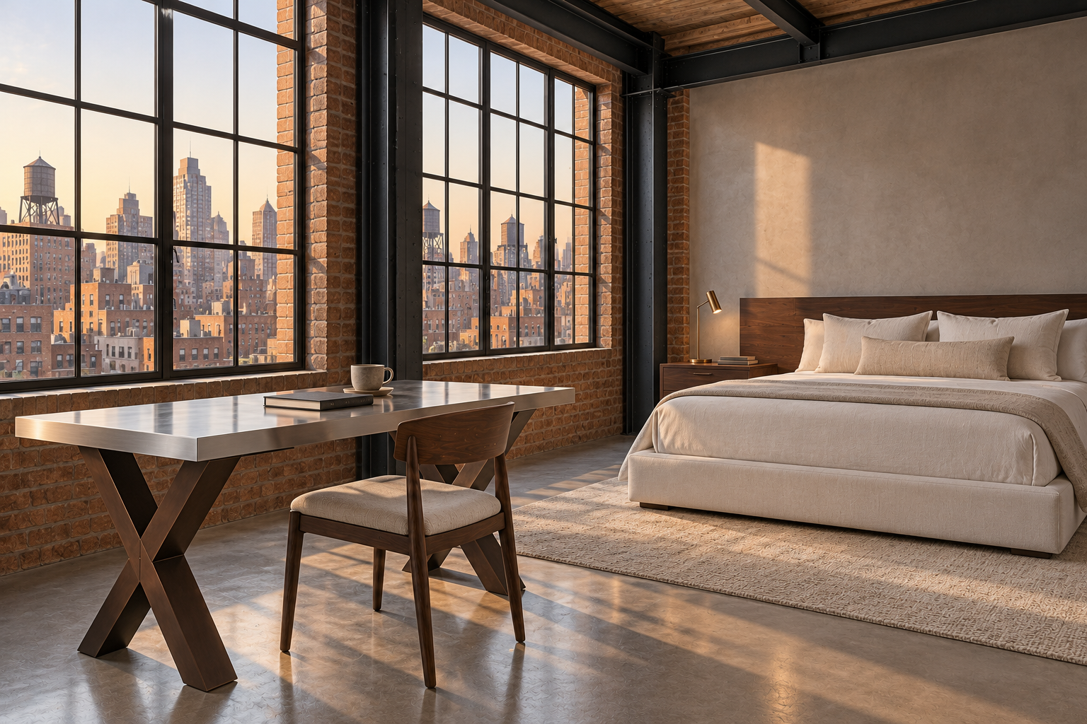 Industrial condo bedroom with stainless writing tabletop, bronze-toned crossed supports, linen bed, and city view