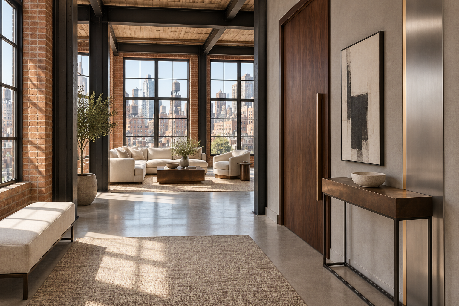 Industrial condo entry with bronze-toned console, brushed metal wall panel, walnut door, and brick window walls
