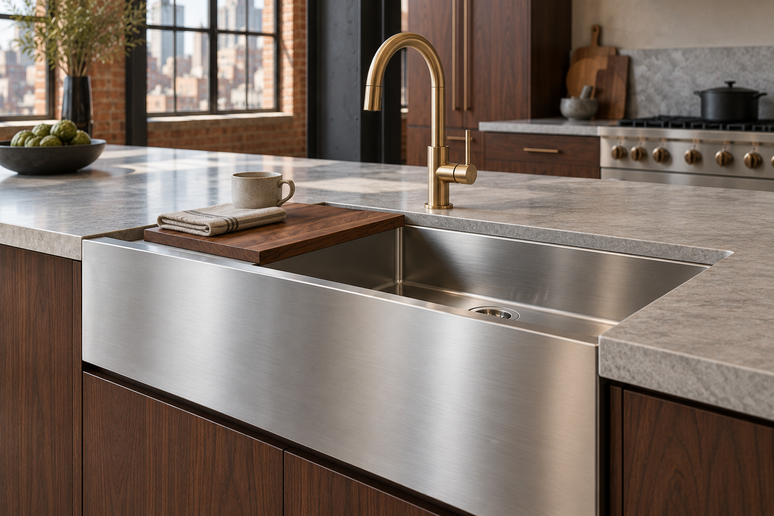 Brushed stainless steel apron-front workstation sink with walnut cutting board and brass faucet