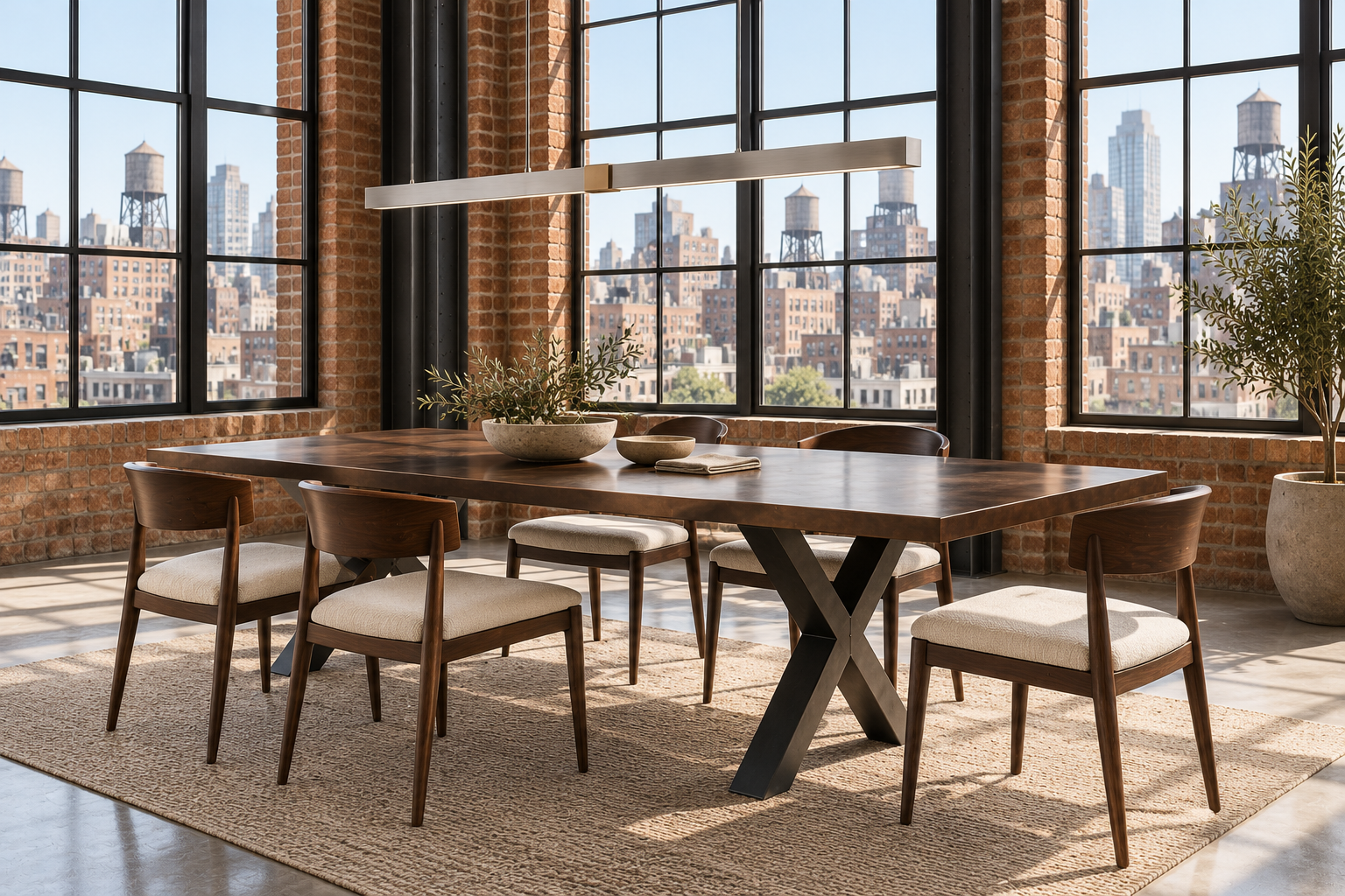 Bronze-toned copper dining tabletop on dark crossed metal supports beside tall industrial windows