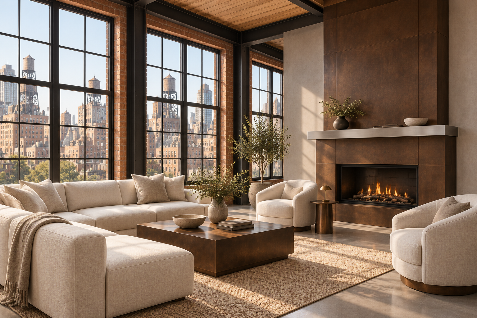 Bronze-toned metal fireplace surround with stainless mantel and linen seating in a brick loft