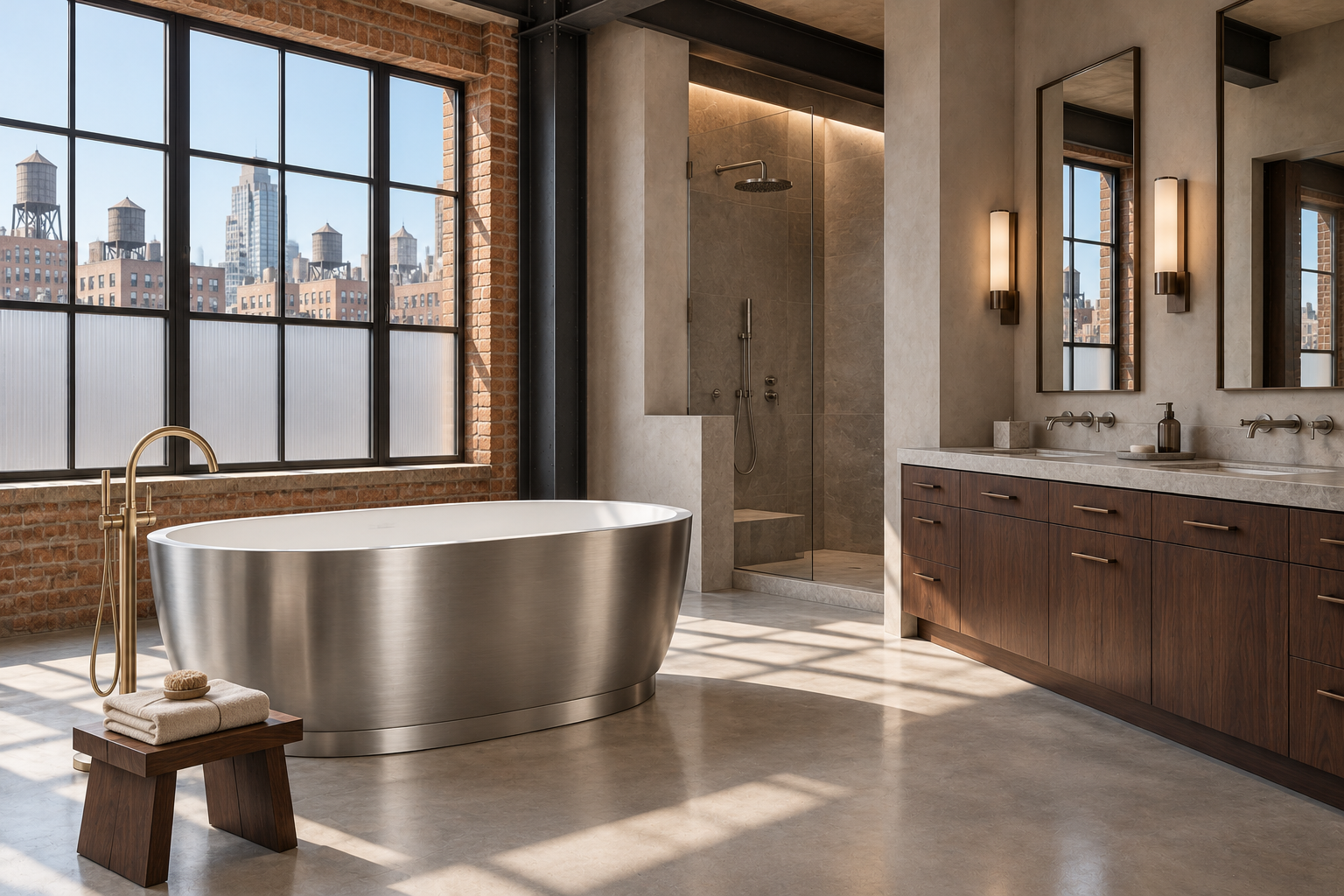 Oval brushed stainless steel bathtub with white interior, brass floor-mounted filler, and walnut vanity