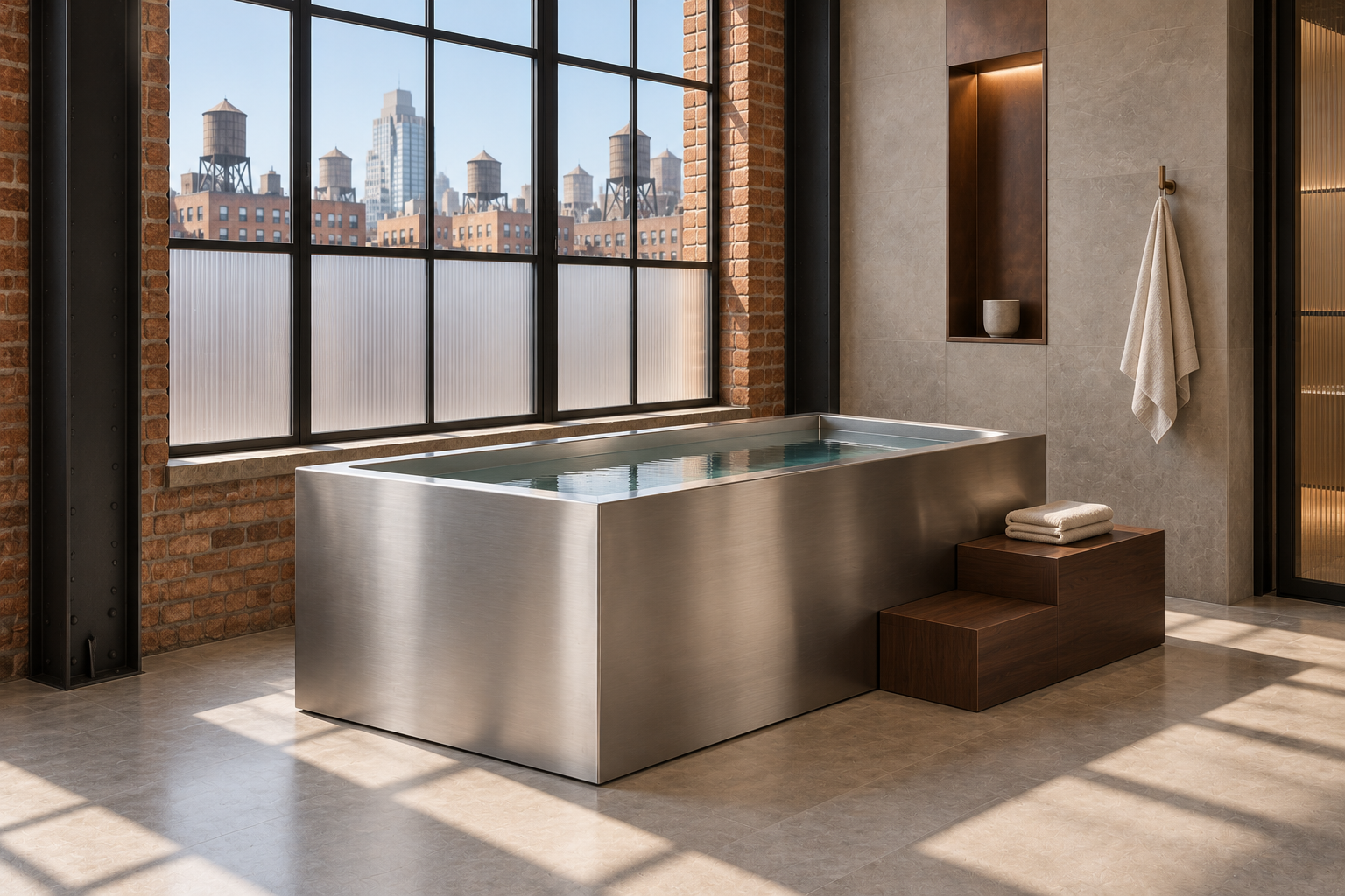 Rectangular stainless steel ice bath with walnut access steps beside a privacy-glazed loft window