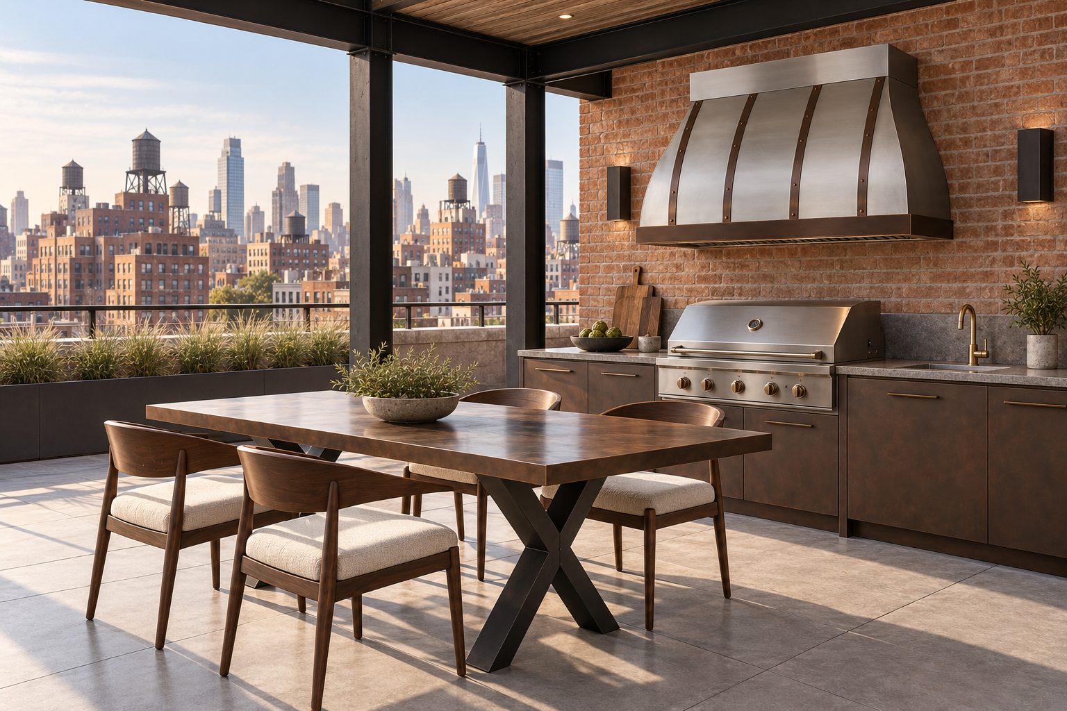 Covered urban rooftop kitchen with stainless hood, bronze-toned straps and cabinetry, and bronze dining table