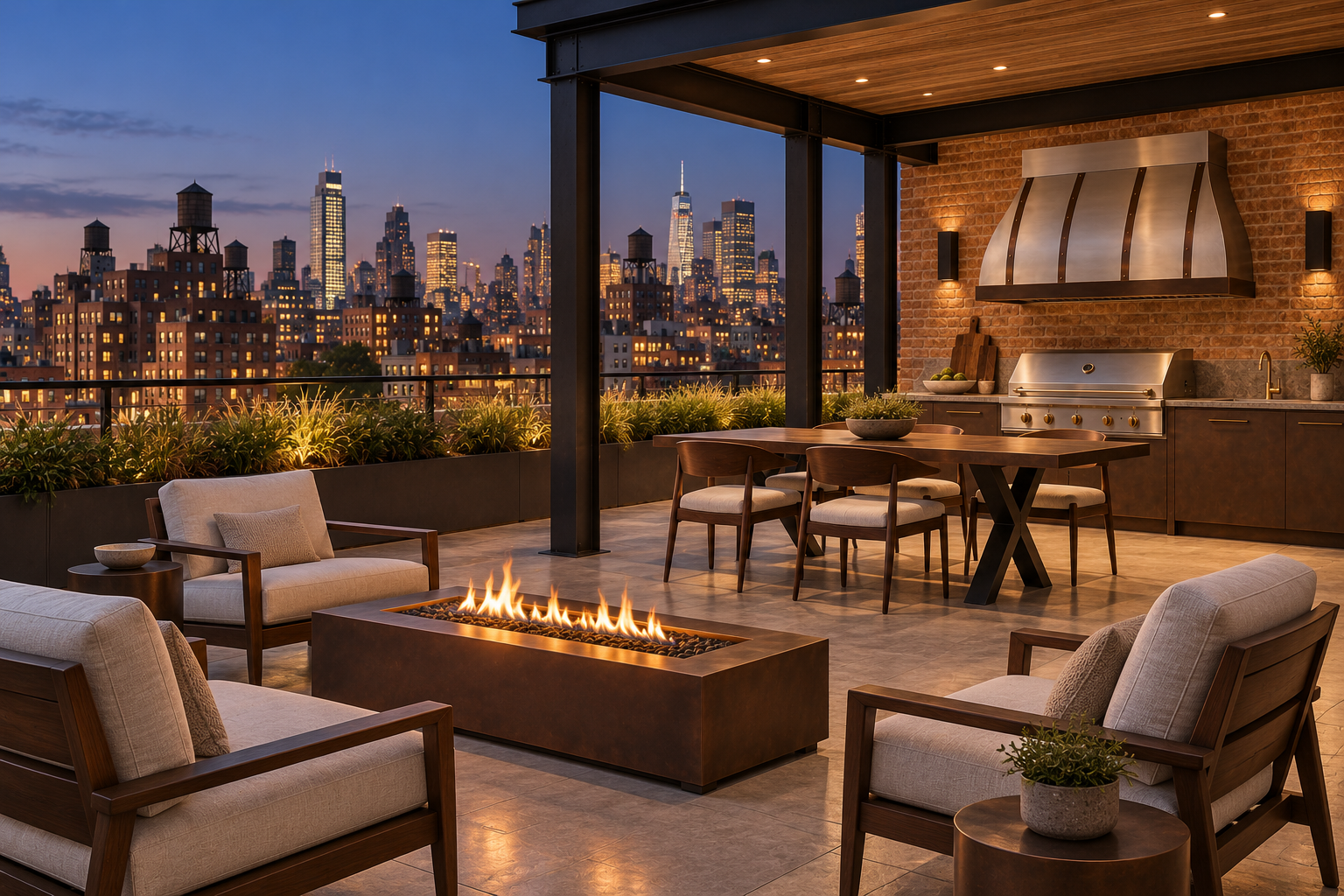 Bronze-toned rectangular gas fire pit with rooftop lounge seating and illuminated skyline