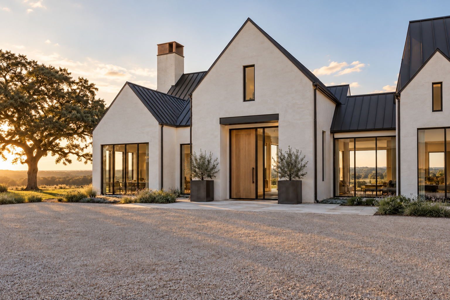 White gabled modern farmhouse with charcoal standing-seam roofs, copper chimney cap, and mature oak