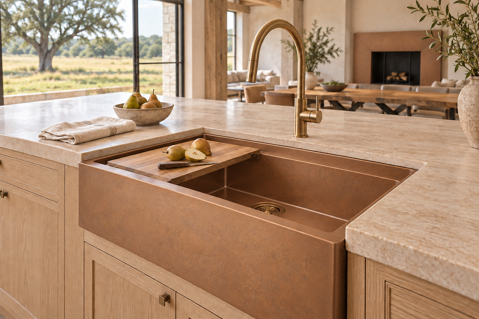 Copper apron-front workstation sink with inset cutting board and brass faucet in a limestone island
