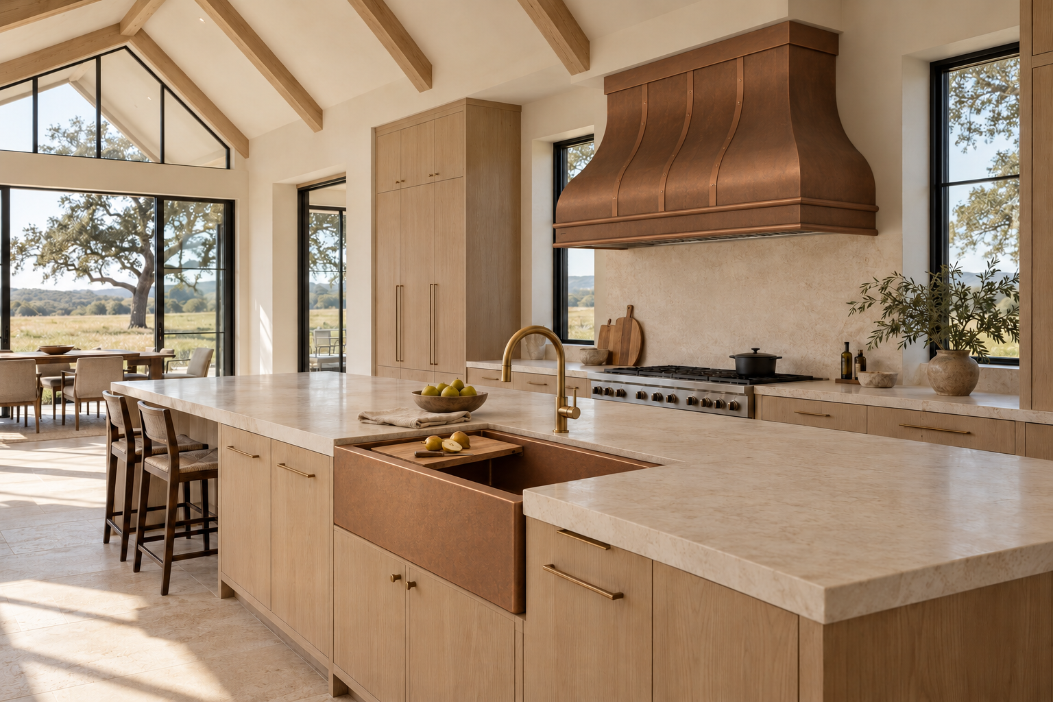 Modern farmhouse kitchen with curved copper range hood, copper apron-front island sink, and oak cabinetry