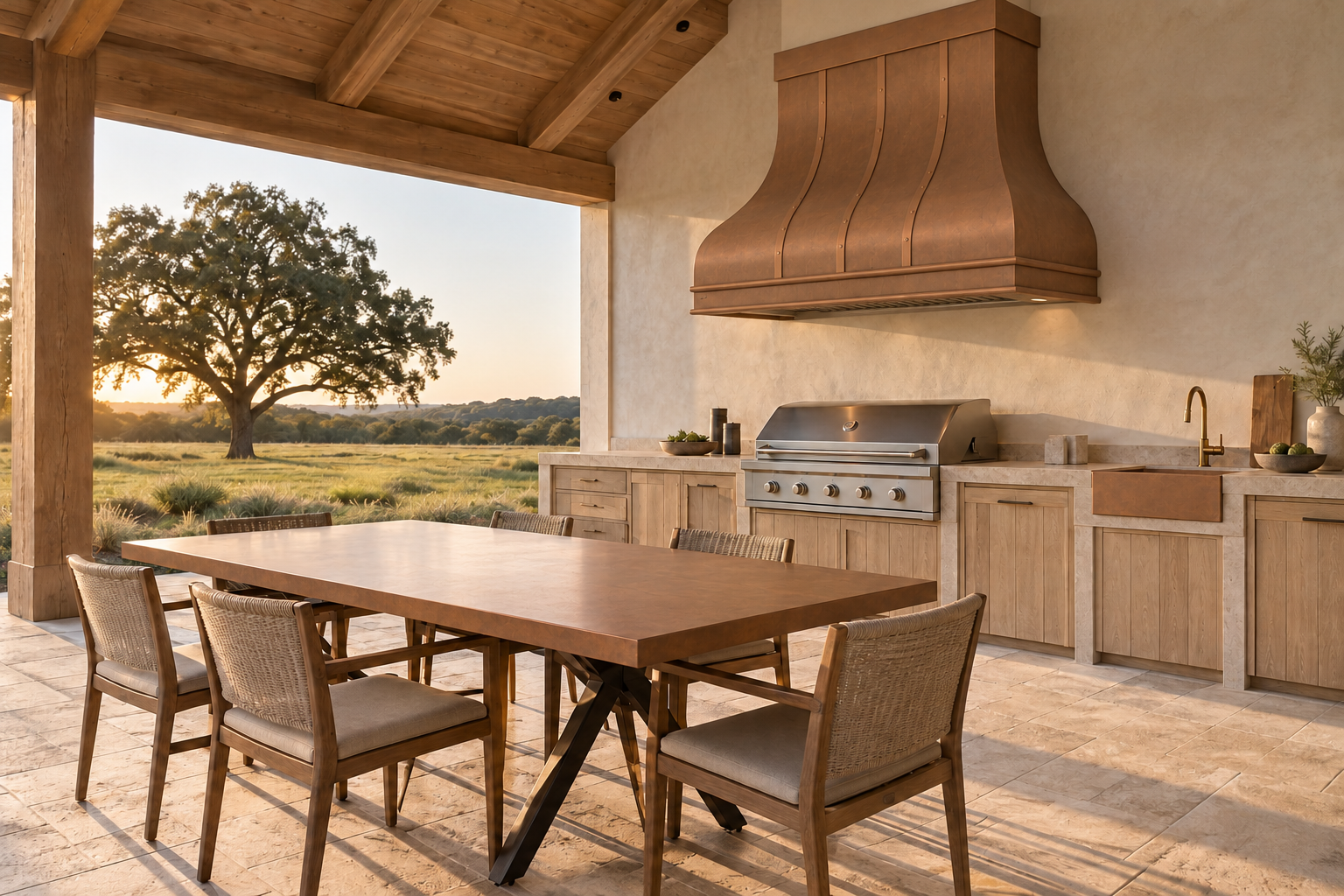 Covered modern farmhouse outdoor kitchen with strapped copper hood, copper sink, and copper dining table