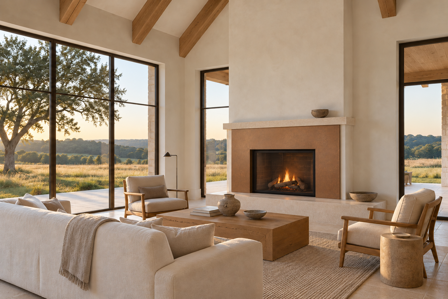 Copper fireplace surround beneath a stone mantel in an oak-beamed farmhouse living room