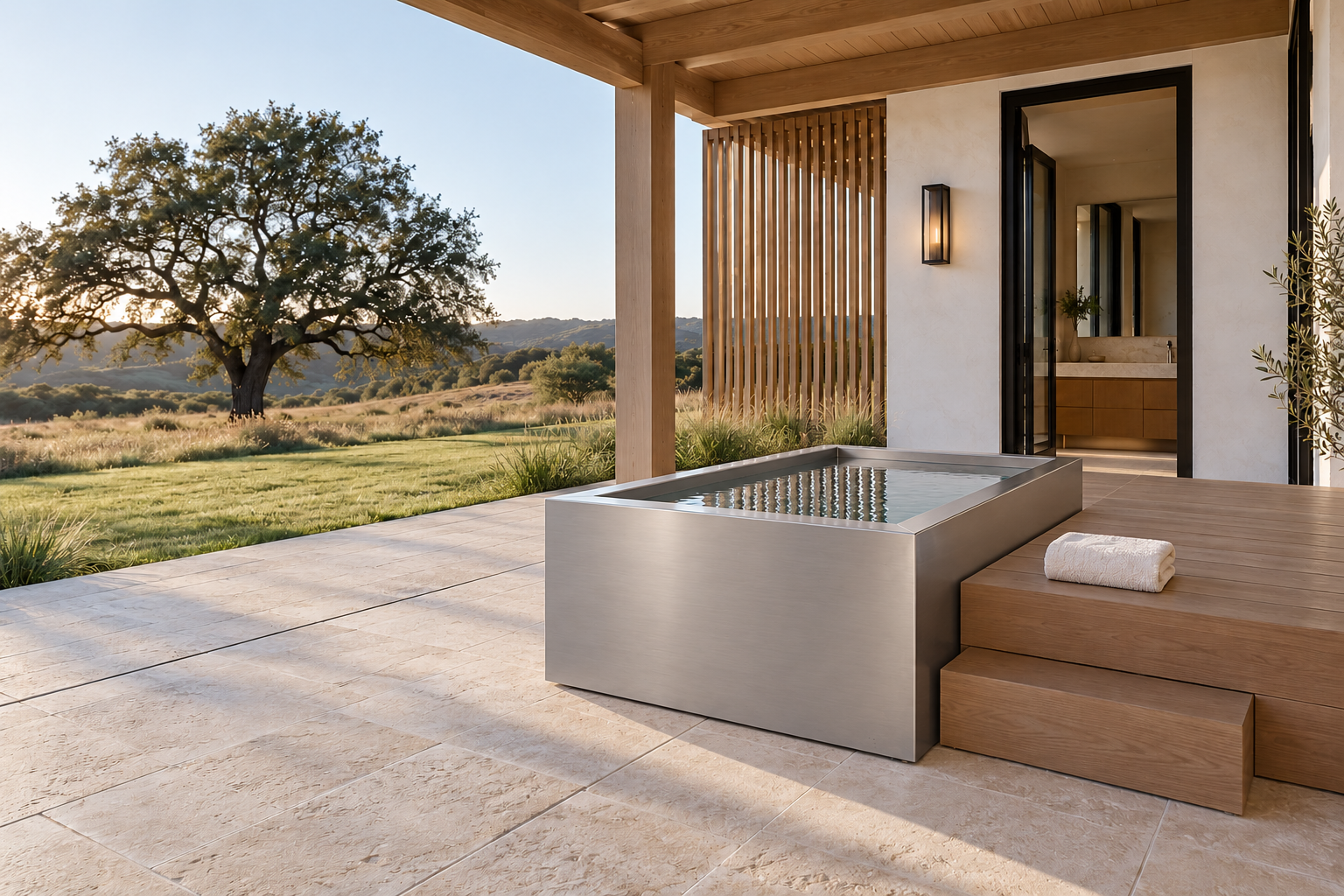 Rectangular brushed stainless steel ice bath beside a timber platform on a covered farmhouse terrace