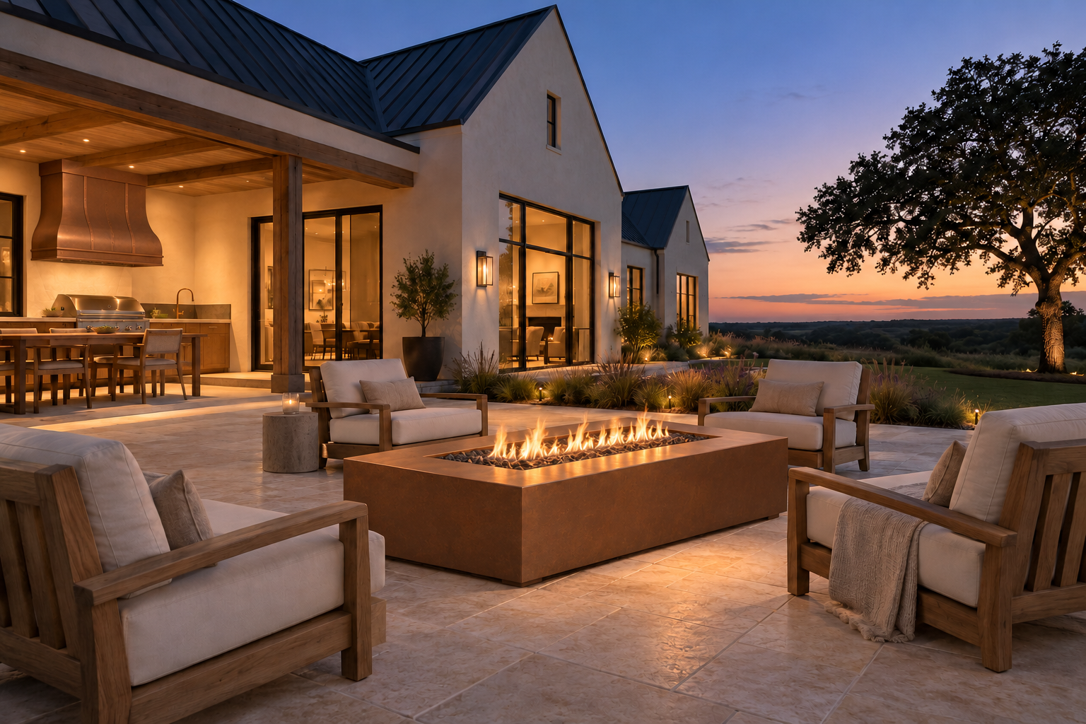 Rectangular copper gas fire pit with lounge seating outside an illuminated white gabled farmhouse at dusk