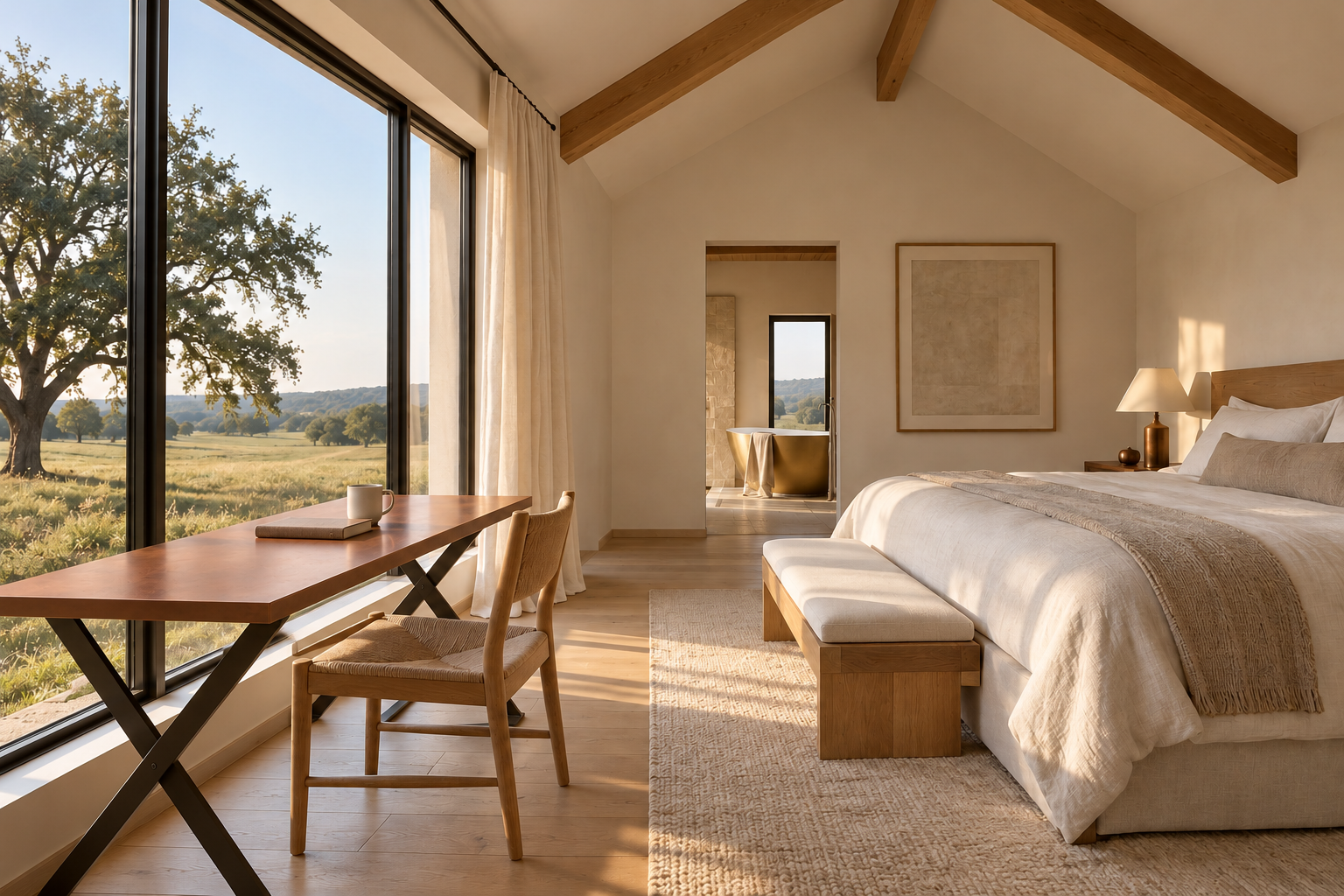 Farmhouse bedroom with linen bedding, copper writing table on dark crossed supports, and meadow view